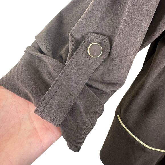 Chico's Brown Long Roll Tab Sleeve Stretchy Draped Open Blouse Pockets Size L - Picture 4 of 7
